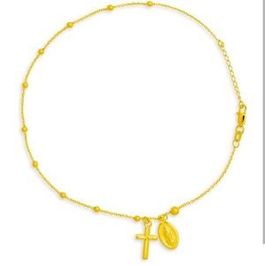 14K Yellow Gold Virgin Mary & Cross Anklet